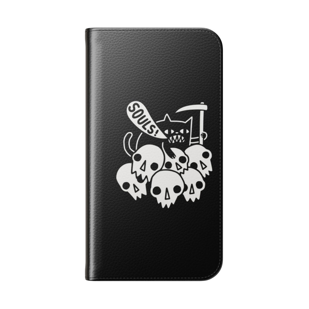 Flip phone case with a gothic design featuring a black cat and skull - Folded Back