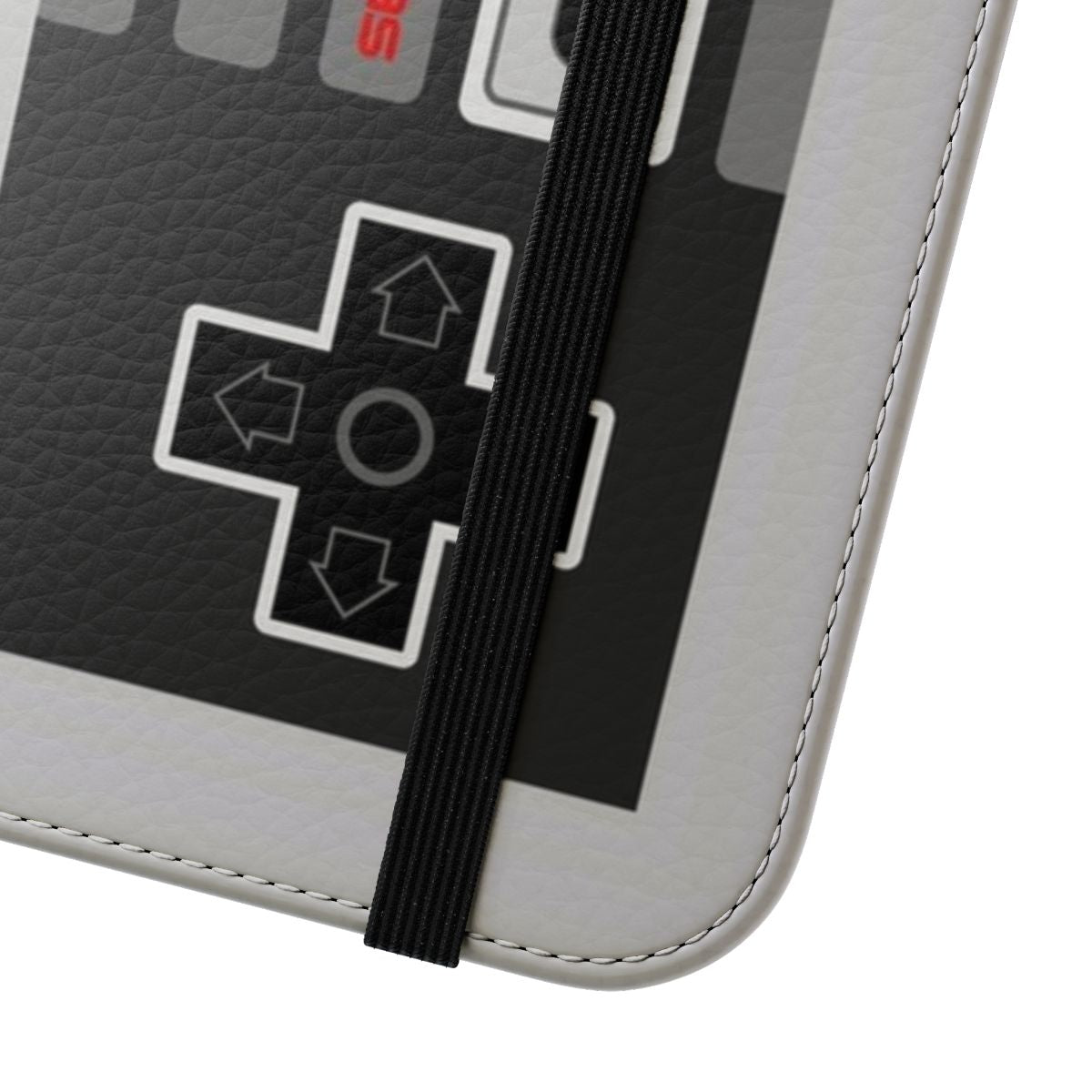 8-bit retro gaming-inspired phone case with a flip cover featuring a classic game controller design - Close Up