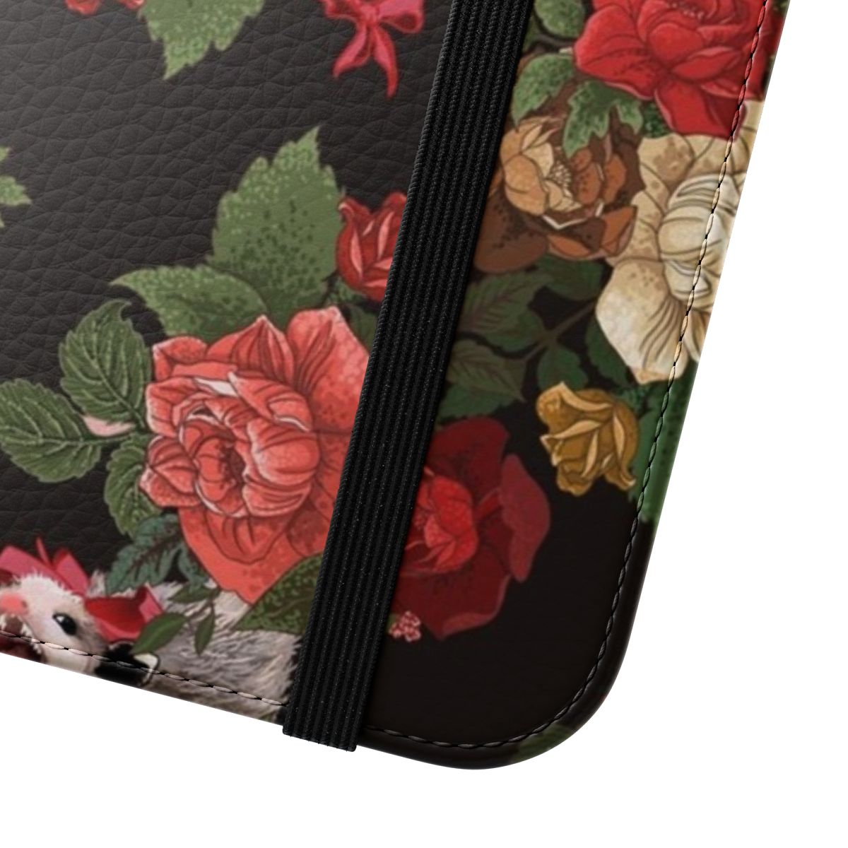 A cute and quirky floral phone case featuring a screaming opossum design. - Close Up