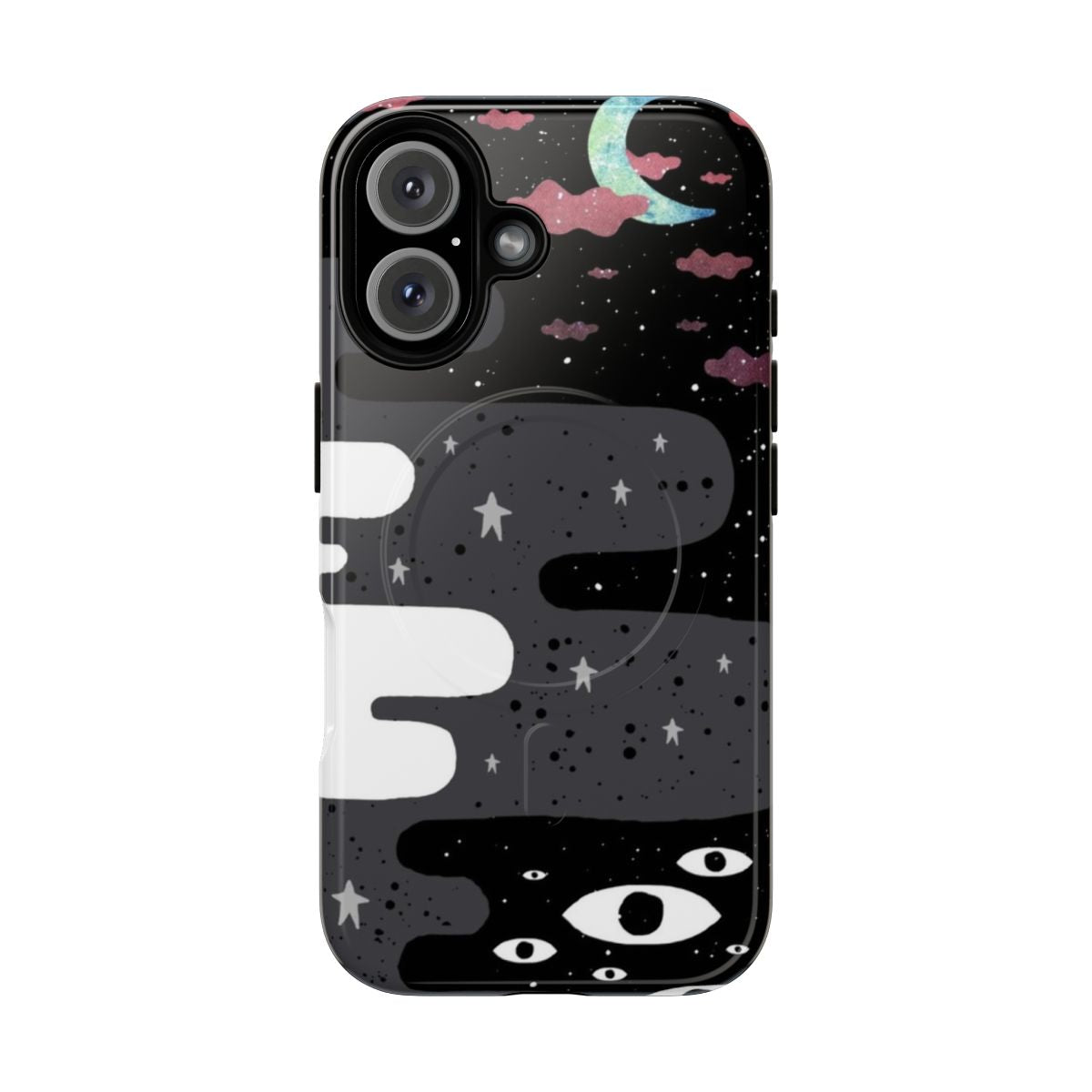 Surreal and mystical phone case with geometric shapes, clouds, and stars