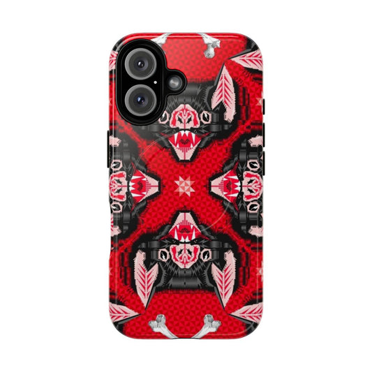 A dark and atmospheric phone case featuring a bat head pattern with geometric designs and a spooky, supernatural vibe.