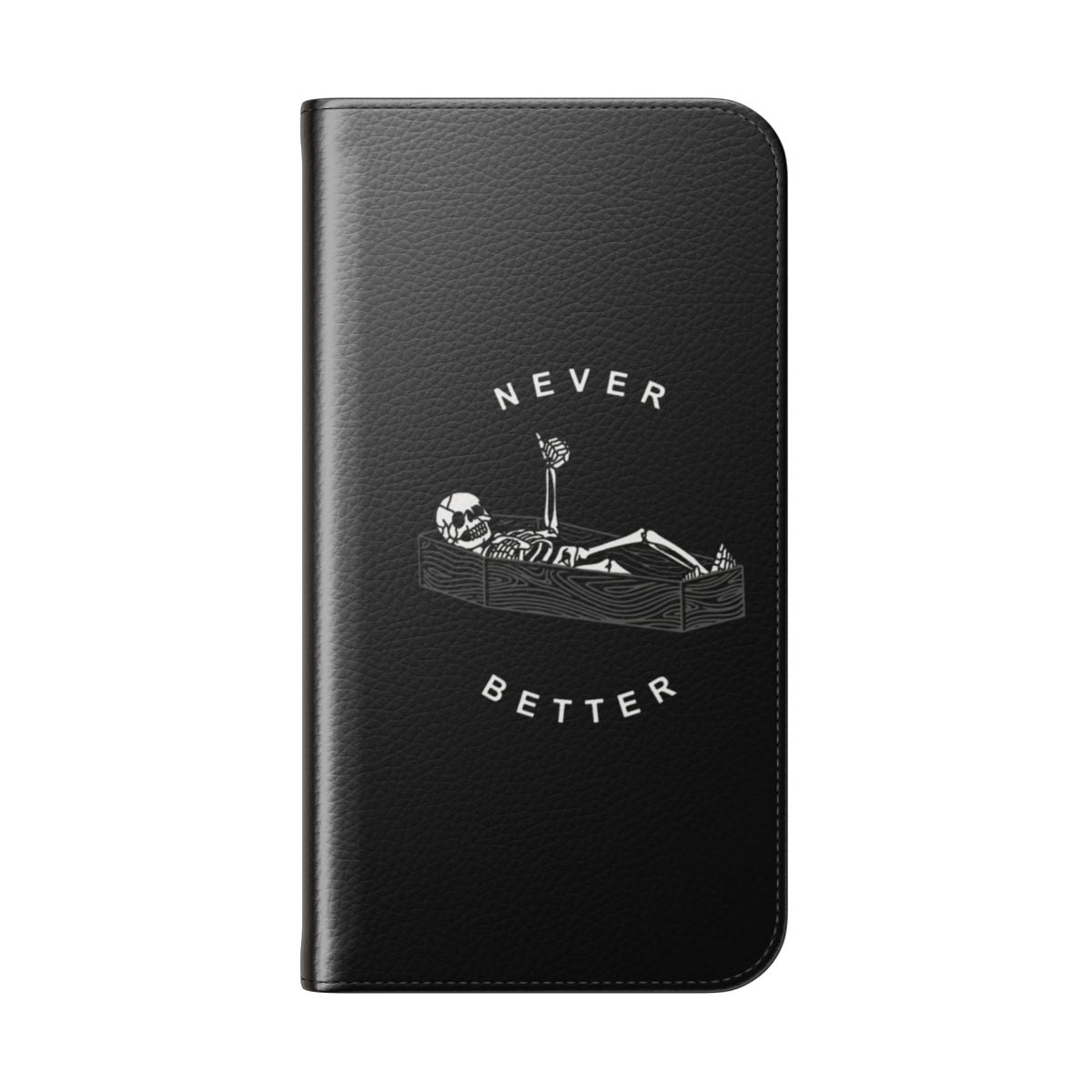 Flip cover phone case with a dark, minimalist design featuring a skeleton silhouette - Folded Back