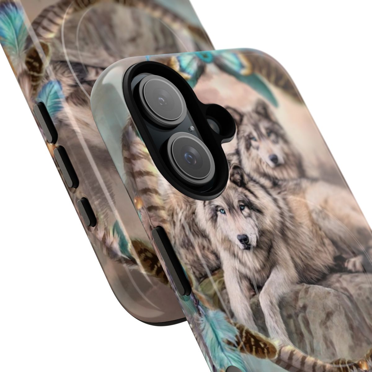 A magnetic phone case featuring a dynamic wolf art design with a dream catcher motif. - Detail