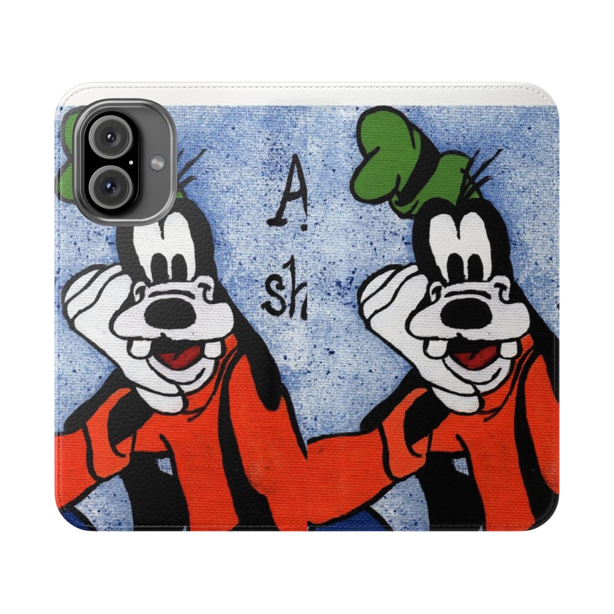 Aw Shucks themed phone case featuring a blue and speckled background with a cartoon goofy-style design