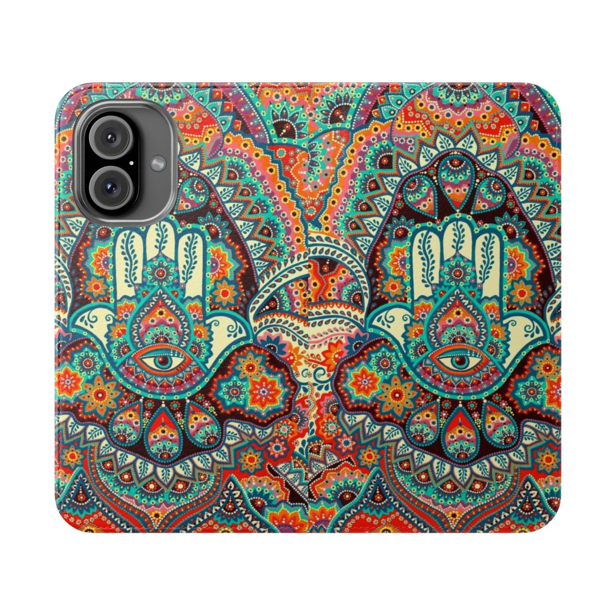 Boho-inspired Hamsa Hand design on a flip cover phone case