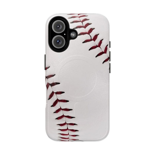 A white baseball-themed phone case with red seams, featuring a magnetic closure for secure protection.