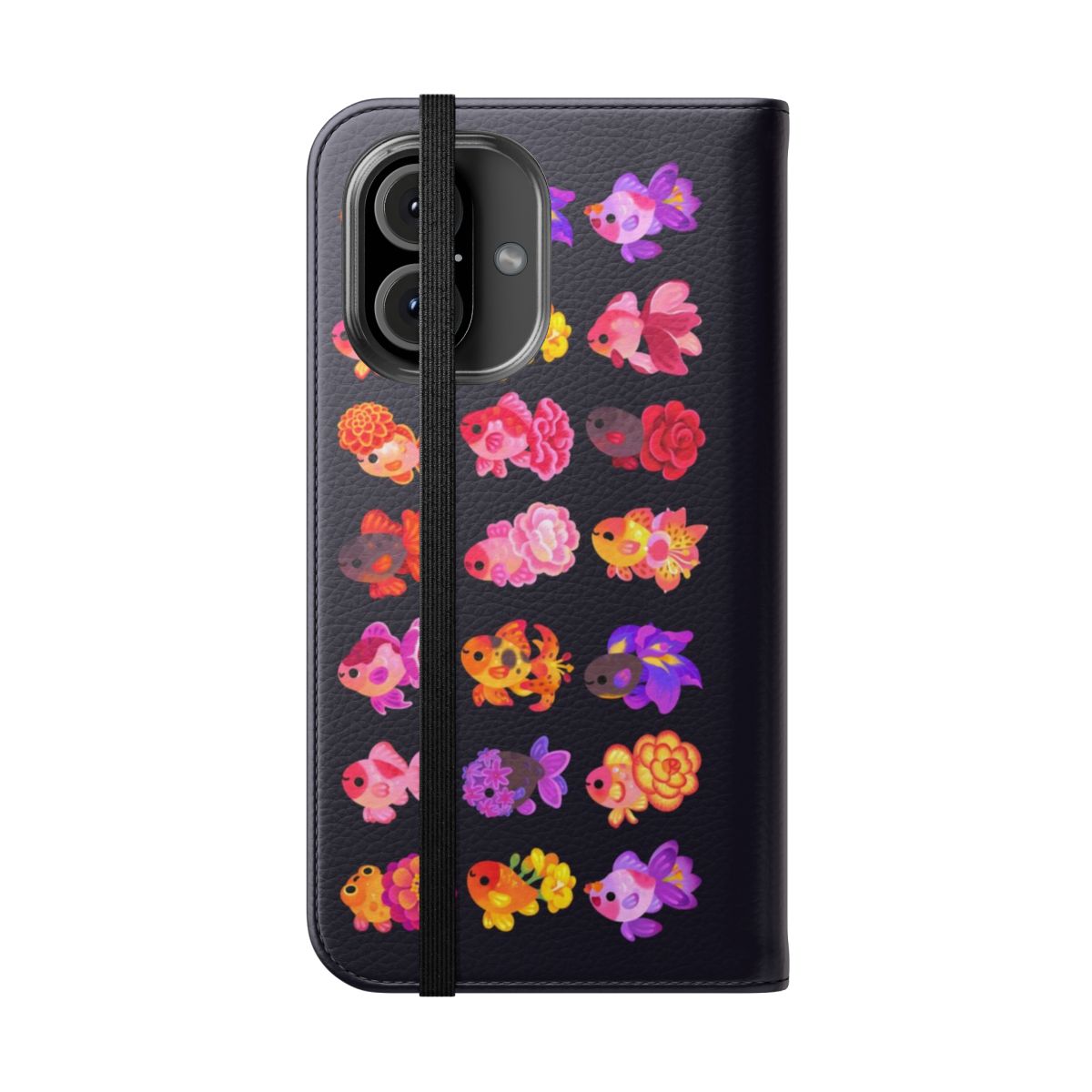 A stylish phone case featuring a vibrant floral and goldfish design. - Folded Front