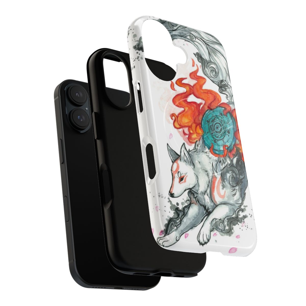 Artistic watercolor phone case featuring the wolf Amaterasu from the Okami video game - Layers