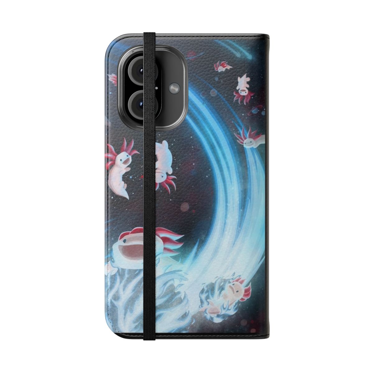 Whimsical phone case featuring an axolotl in an outer space, galaxy-themed design - Folded Front