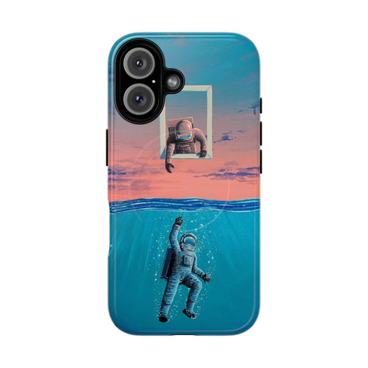 Surreal magnetic phone case with a window design featuring space, clouds, and an astronaut