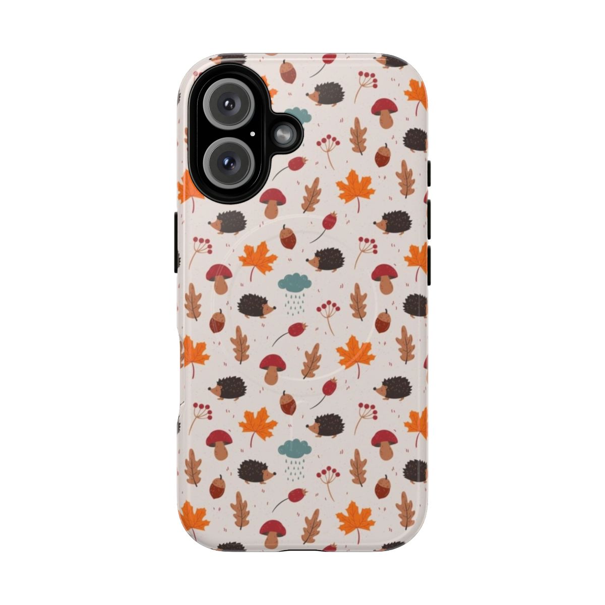 Autumn-themed phone case featuring a cute hedgehog design among leaves, mushrooms, and other natural elements.