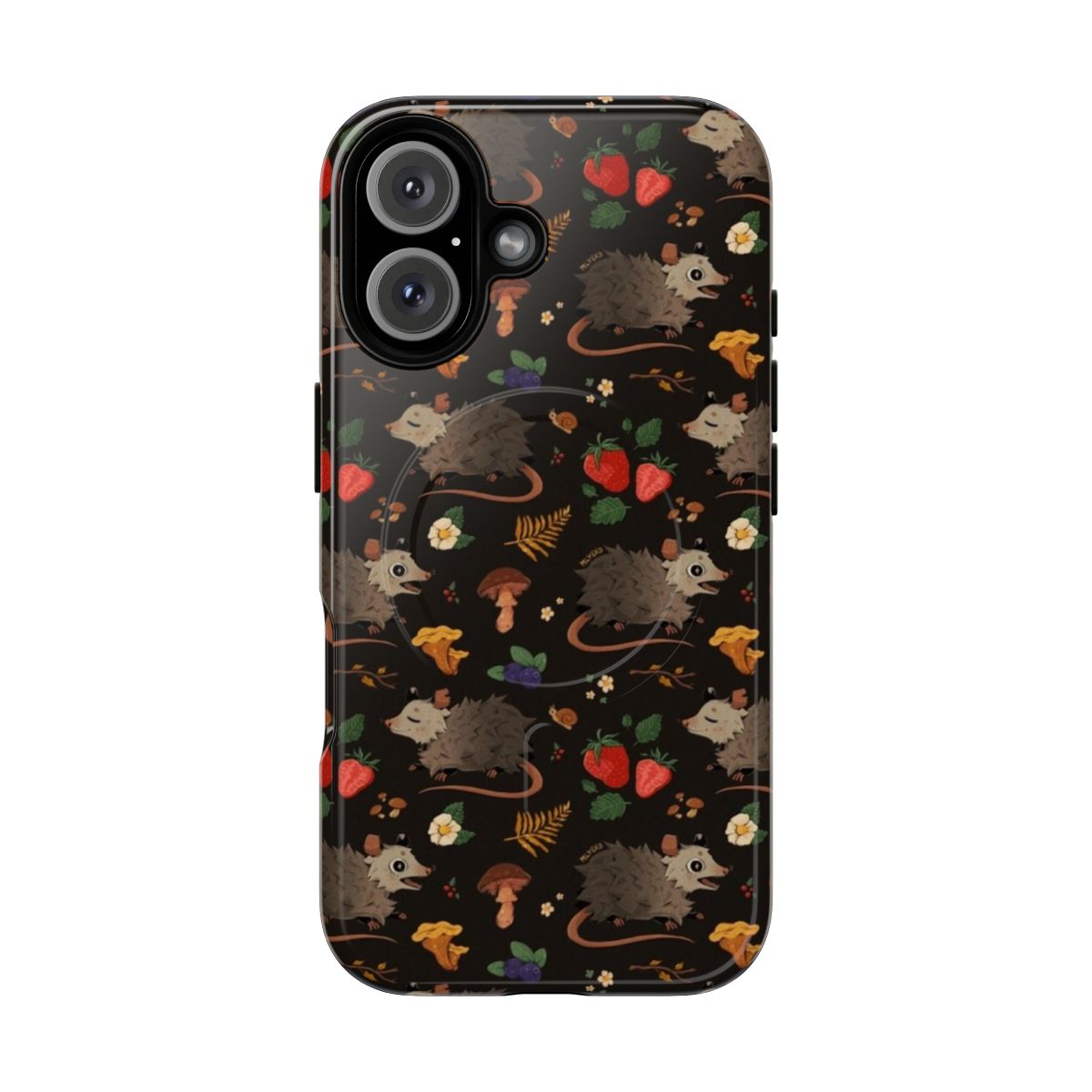 A magnetic tough phone case featuring a seamless pattern of possums, mushrooms, and other woodland creatures.