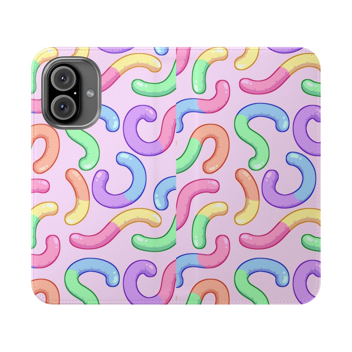 Pastel-colored phone case with a cute gummy worm pattern design