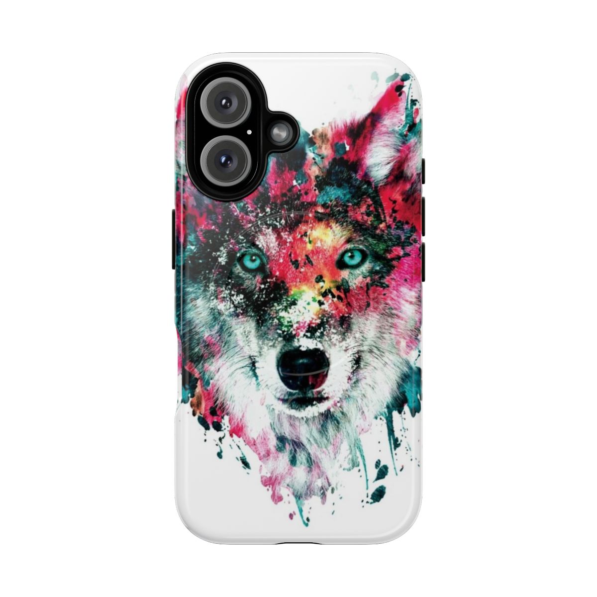 Colorful abstract watercolor wolf face artwork on a magnetic, tough phone case