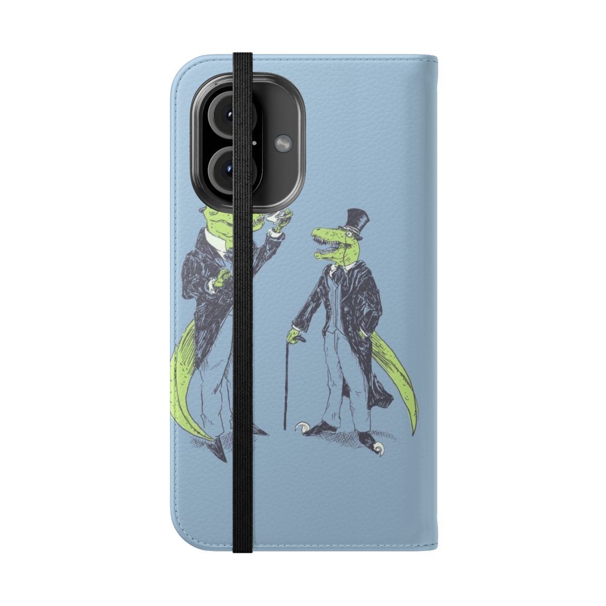 Stylish phone case featuring a T-Rex and Velociraptor in suits with monocles and canes. - Folded Front