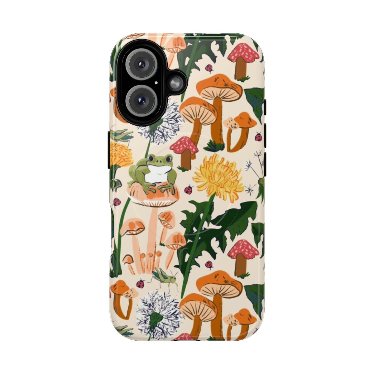 Magnetic tough phone case featuring a vibrant pattern with frogs, grasshoppers, ladybugs, mushrooms, and dandelions in a forest setting.