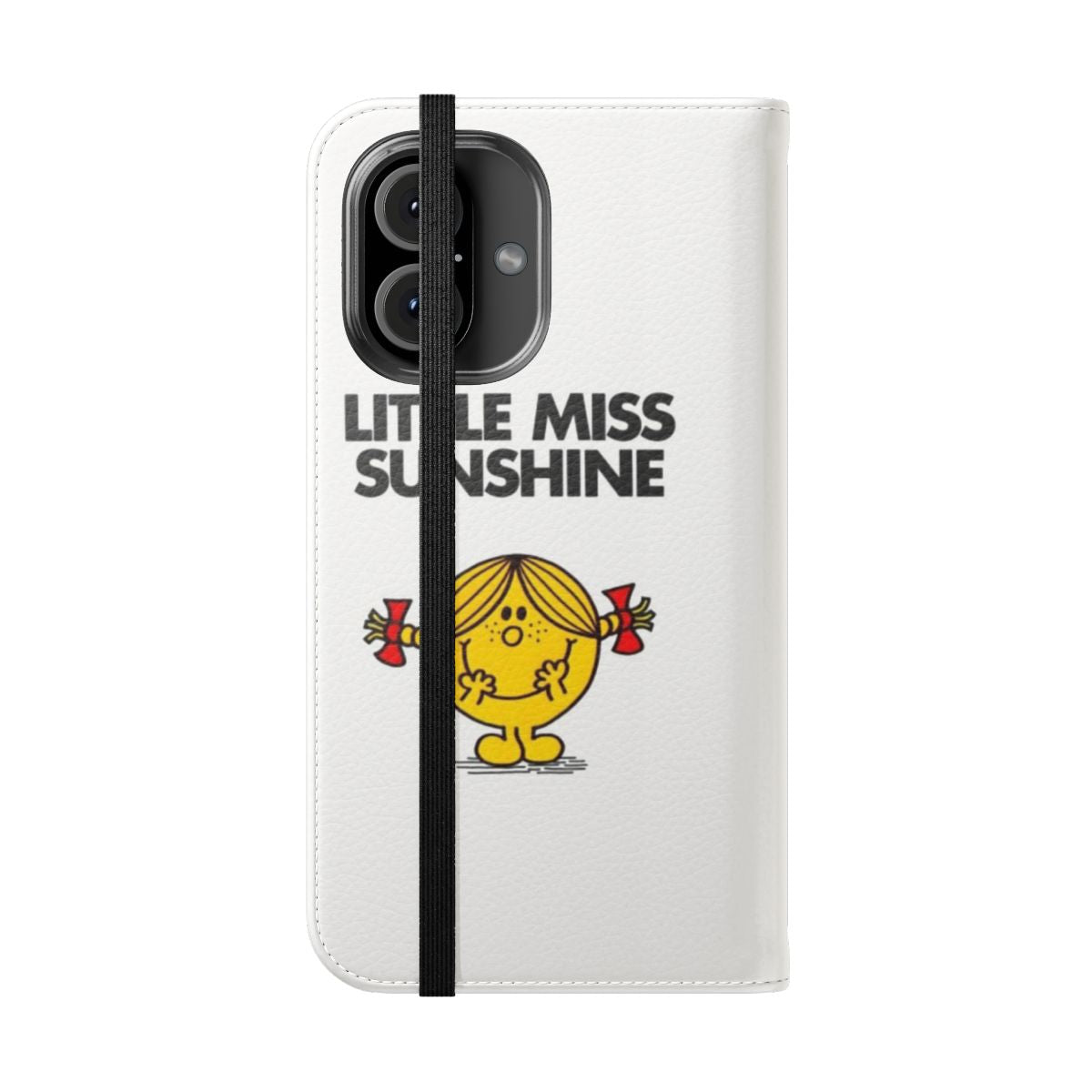 A vibrant flip cover phone case featuring a cheerful 'Little Miss Sunshine' design. - Folded Front