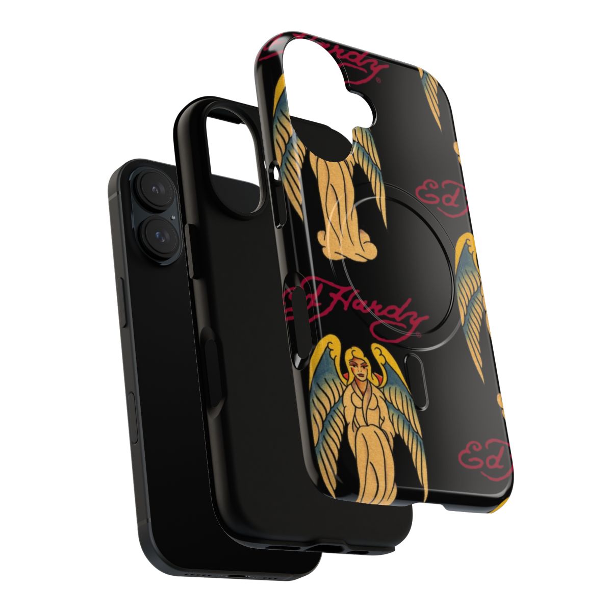 A red and black ed hardy-inspired angel phone case with a magnetic closure for protection. - Layers