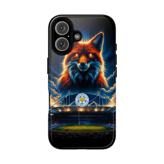 A night glow magnetic tough phone case featuring the Leicester City Foxes logo and colors.