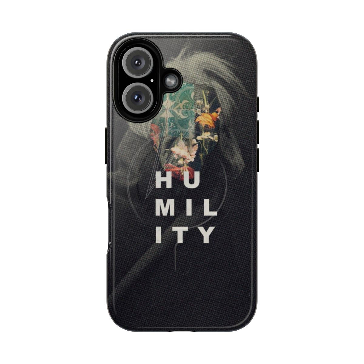 Inspirational phone case featuring a collage of vintage-style images, including a portrait, flowers, and typography with the word "humility"