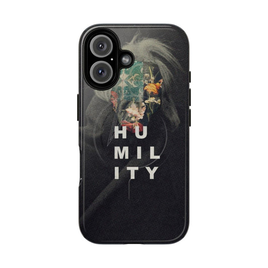 Inspirational phone case featuring a collage of vintage-style images, including a portrait, flowers, and typography with the word "humility"