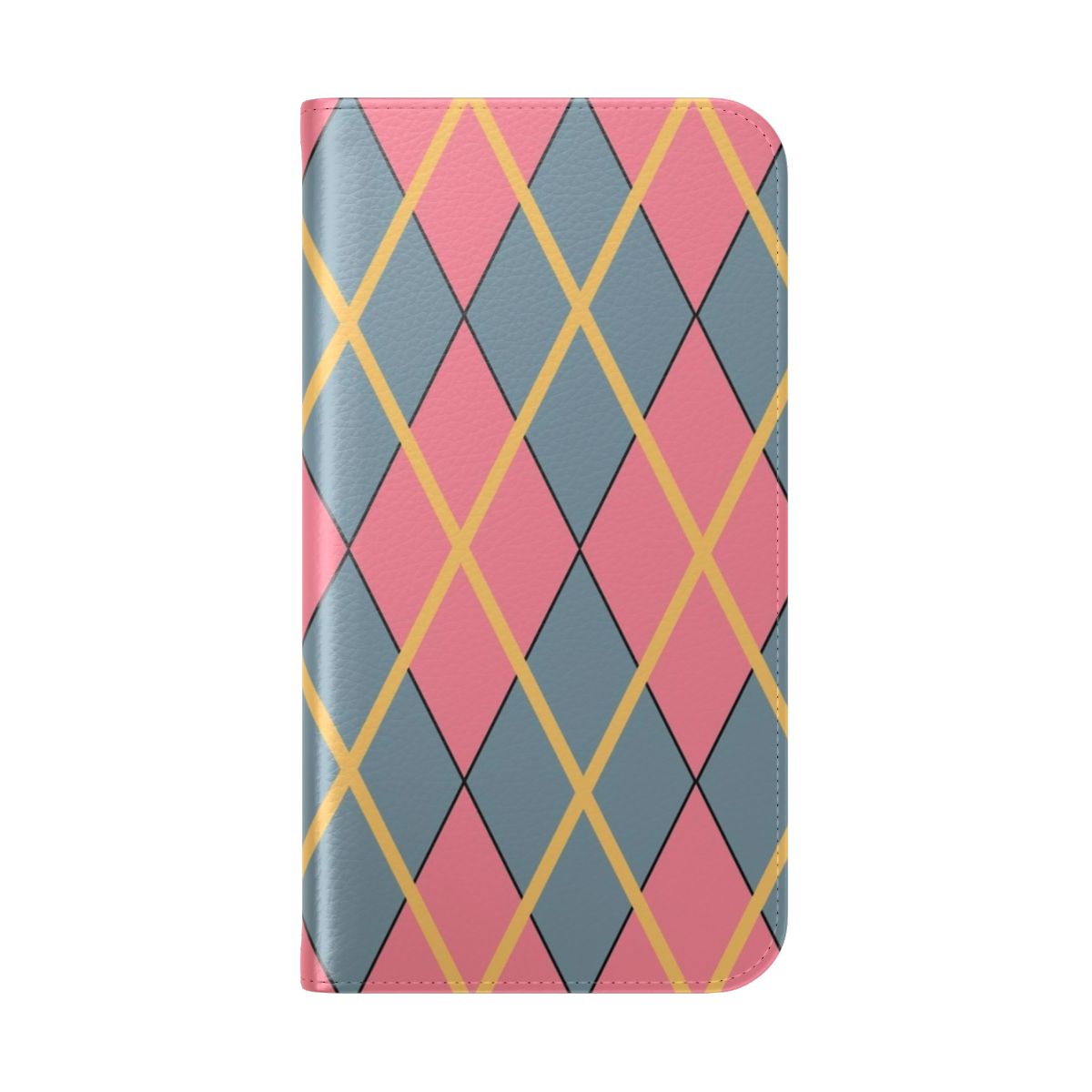 Whimsical argyle-patterned flip cover phone case with large print design, inspired by the Studio Ghibli film Howl's Moving Castle. - Folded Back