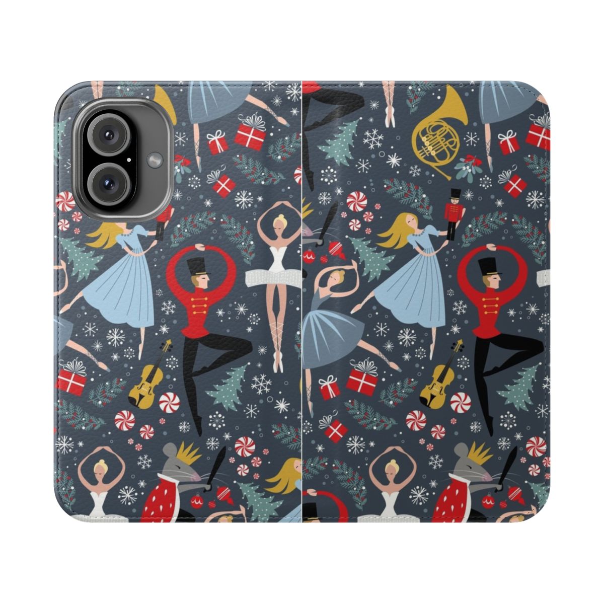 Flip cover phone case with a repeating pattern of the Nutcracker ballet dancers and characters by artist Robin Pickens.