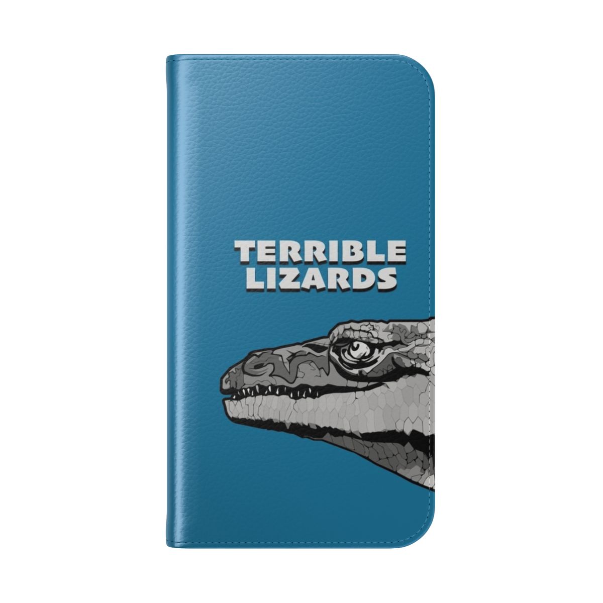 Flip cover phone case with a digital illustration of a dinosaur or other prehistoric animal. - Folded Back