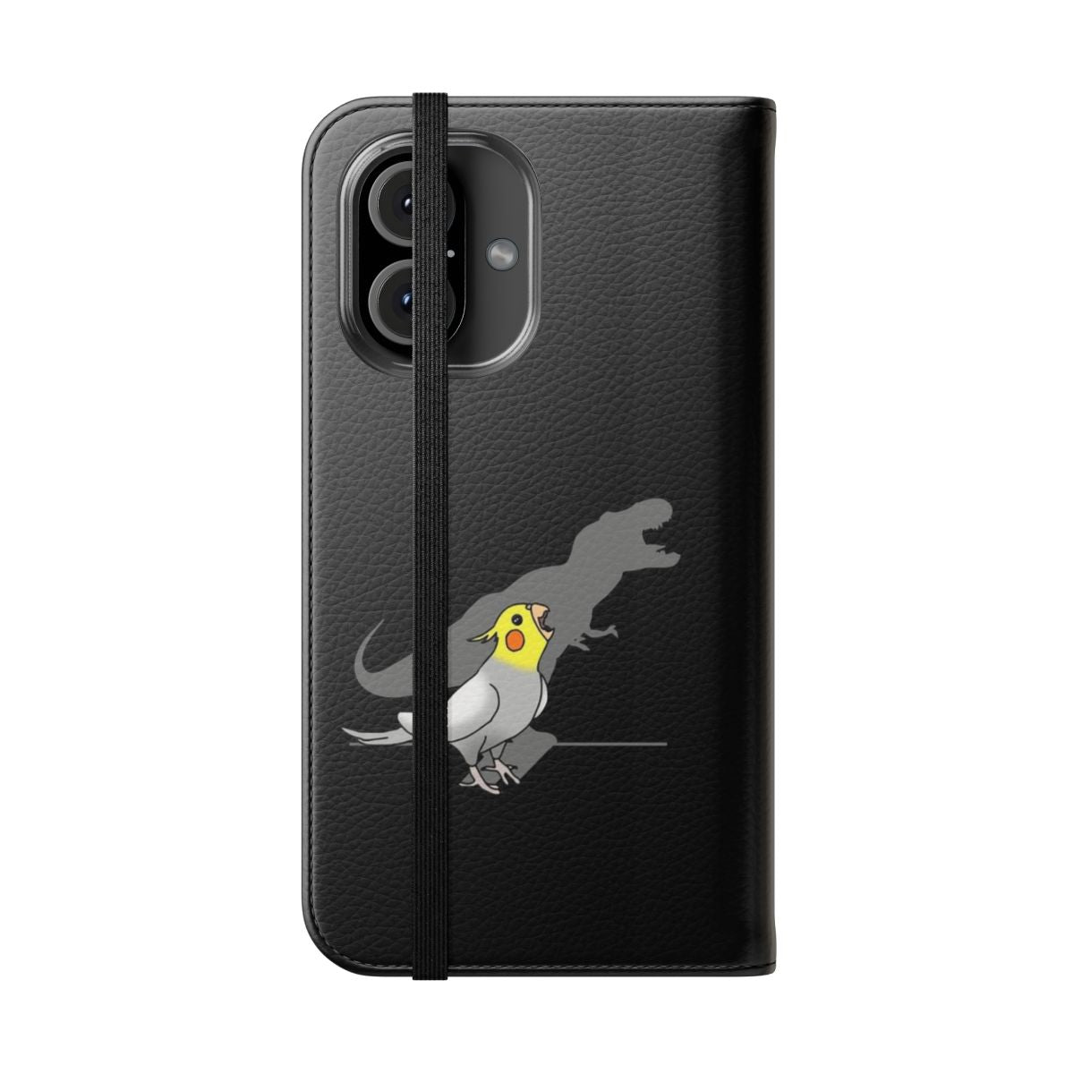 Dinosaur shadow silhouette with a cute cockatiel or parrot bird perched on it, creating a humorous and eye-catching phone case design. - Folded Front