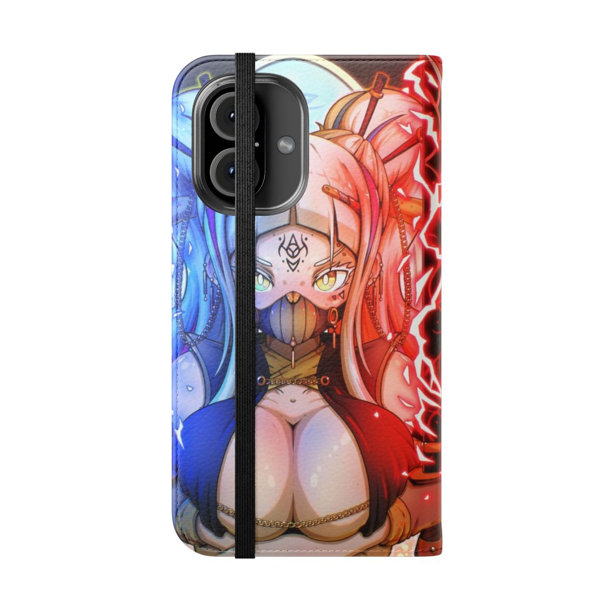 Vibrant anime-style phone case with sword design - Folded Front