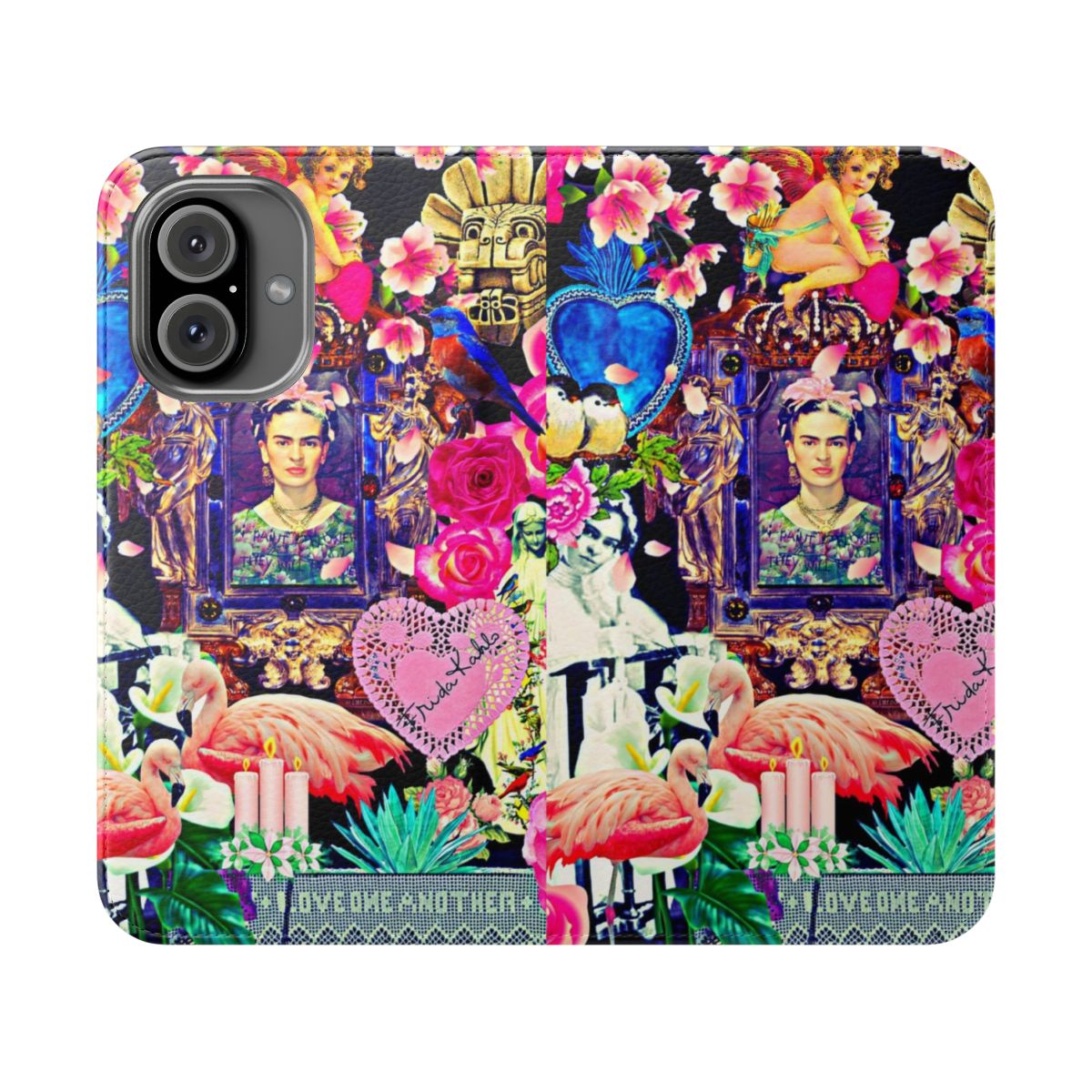 Vibrant collage phone case featuring Frida Kahlo-inspired imagery and religious Catholic iconography