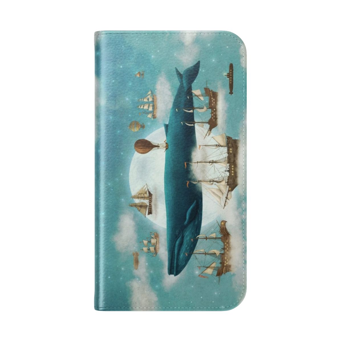 Flip phone case featuring whimsical ocean and night sky artwork inspired by book illustrations. - Folded Back