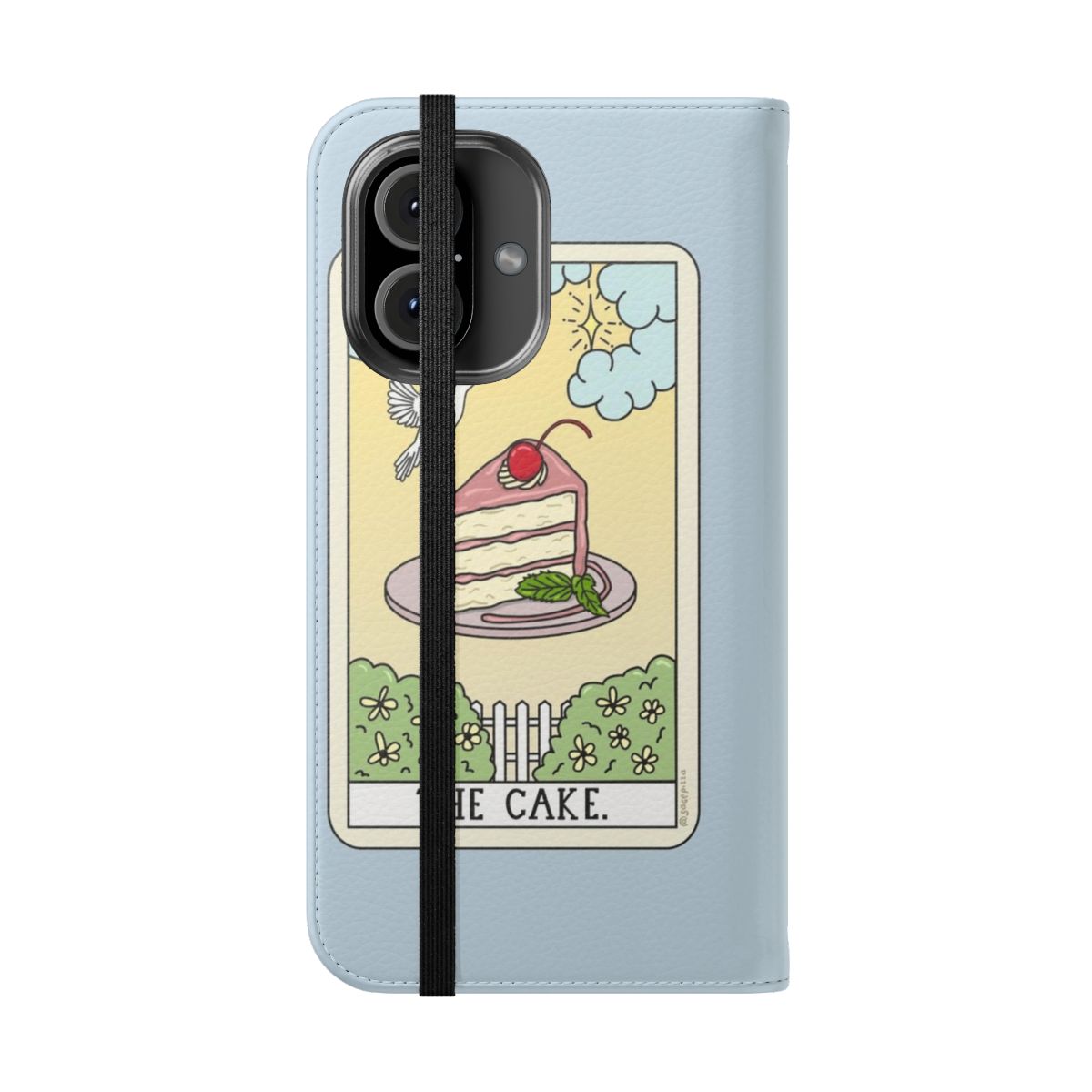 Vibrant flip phone case with a whimsical cake and tarot card design - Folded Front