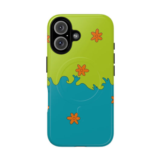 Retro-style phone case with a mystery pattern design, featuring a magnetic closure for added protection.