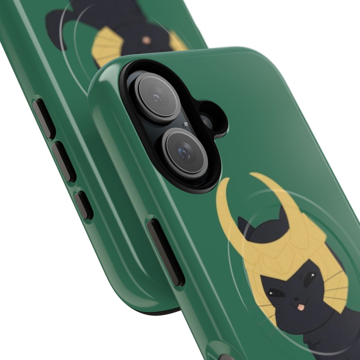 A black cat with green eyes in a chibi/kawaii style, featured on a magnetic tough phone case - Detail