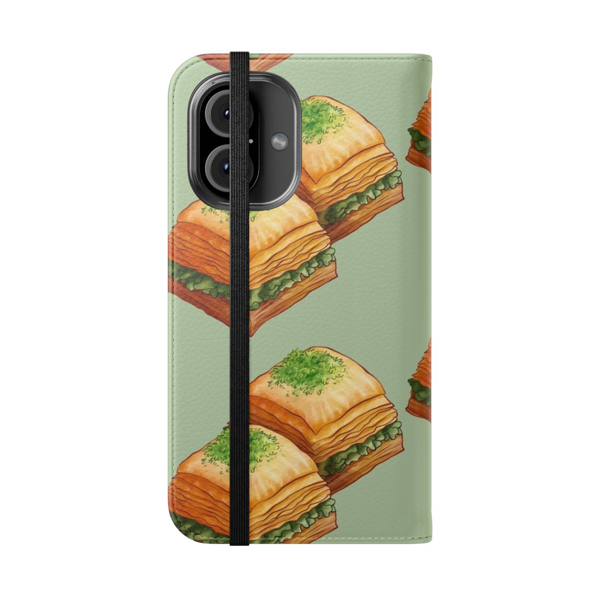 Handdrawn watercolor illustration of pistachio baklava pastry on a flip phone case - Folded Front