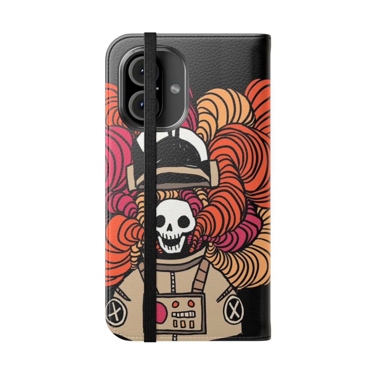 Flip cover phone case with space-inspired astronaut and skeleton graphic design - Folded Front