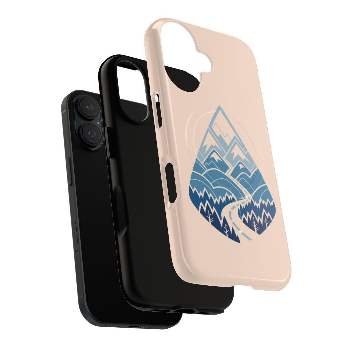 A winter-themed magnetic tough phone case featuring a scenic landscape with mountains, forests, and a winding road. - Layers