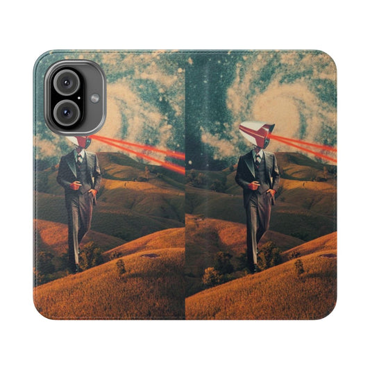 Vintage-inspired flip cover phone case with a surreal, privacy-themed digital collage design by Frank Moth.