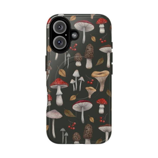 A phone case featuring a whimsical pattern of mushrooms, berries, and autumn leaves in a forested setting.