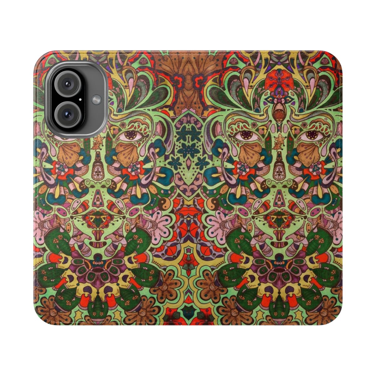 Colorful psychedelic and trippy phone case with retro 60s patterns and eye design