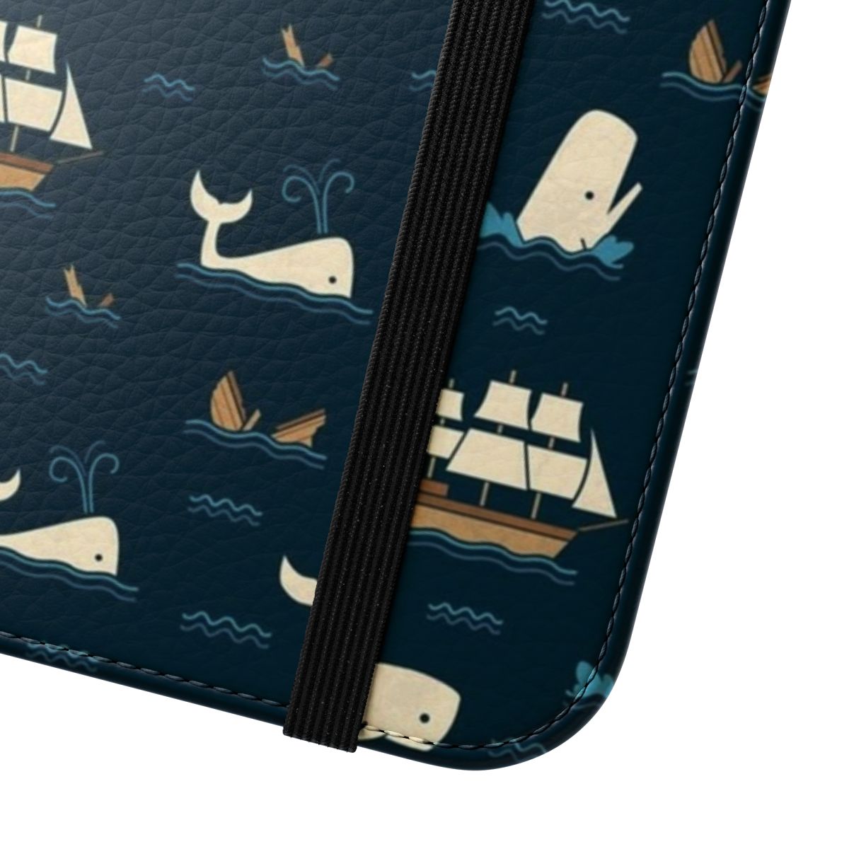 Whale pattern phone case with blue and navy colors, inspired by the novel Moby Dick - Close Up