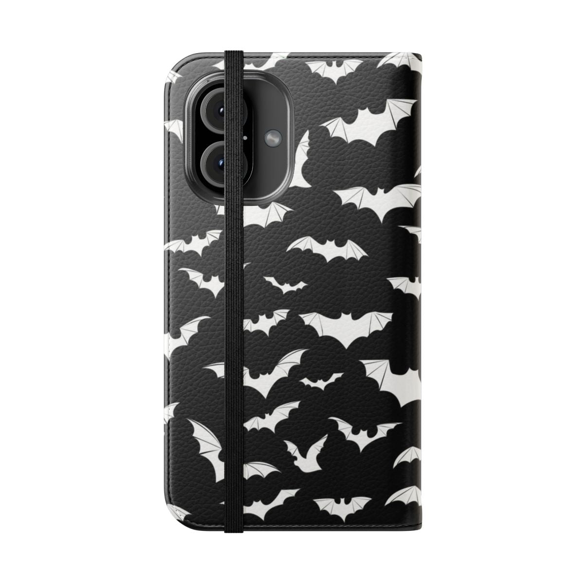 A flip phone case featuring a bat design, perfect for Halloween and gothic fashion. - Folded Front