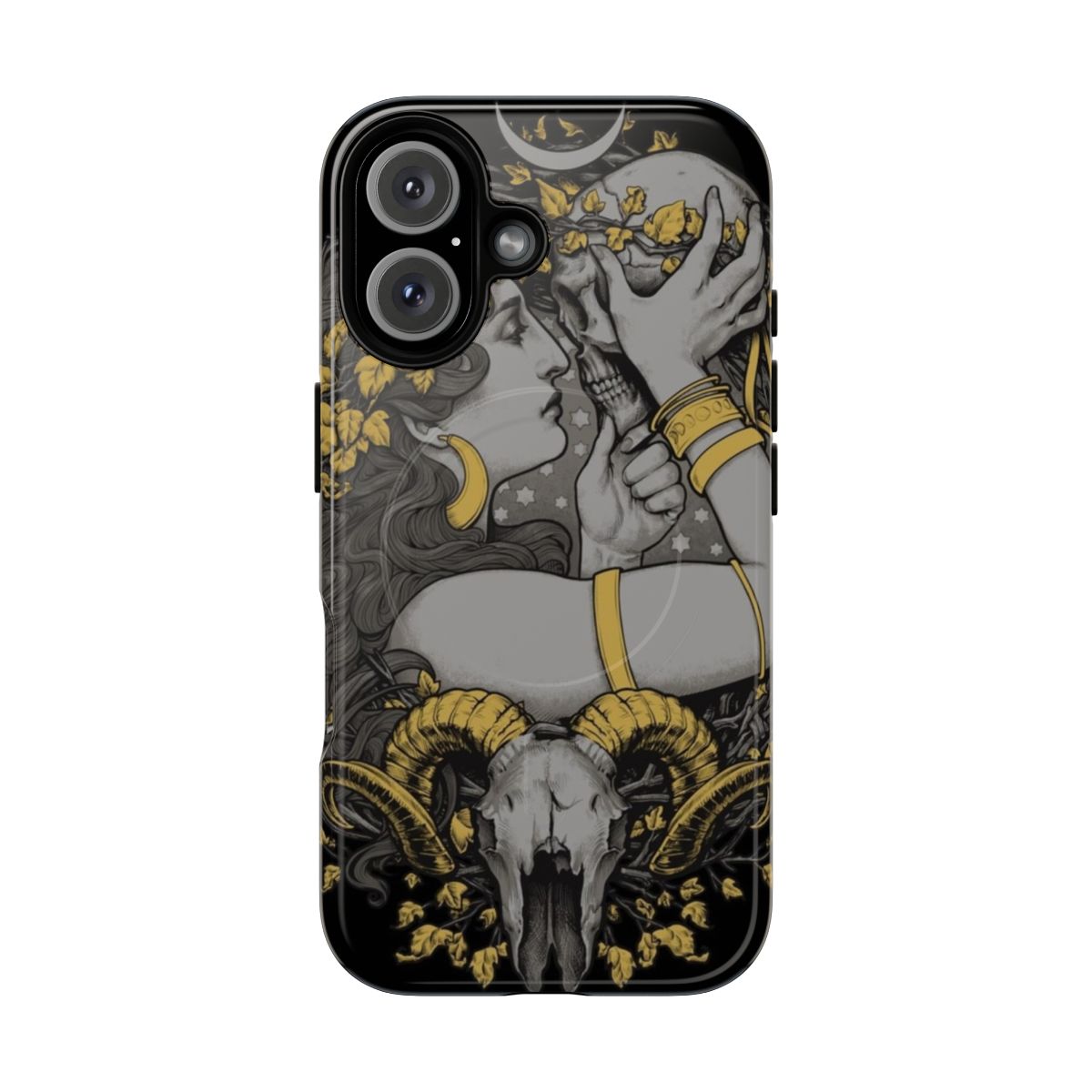 A dark and gothic-inspired magnetic phone case featuring a skull, plant, and other occult designs.