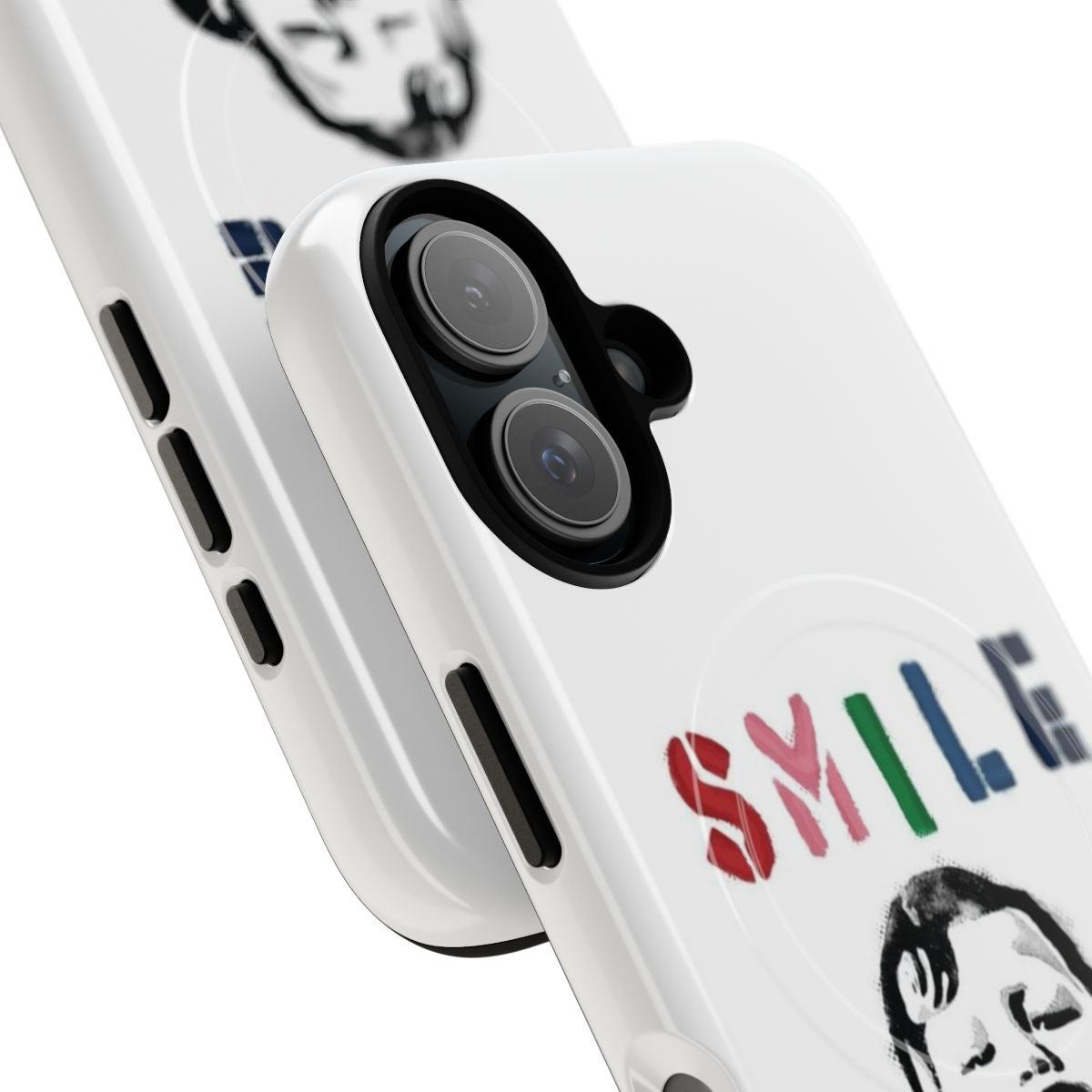 High-quality phone case featuring a Banksy-inspired graffiti design with a defiant woman not smiling. - Detail