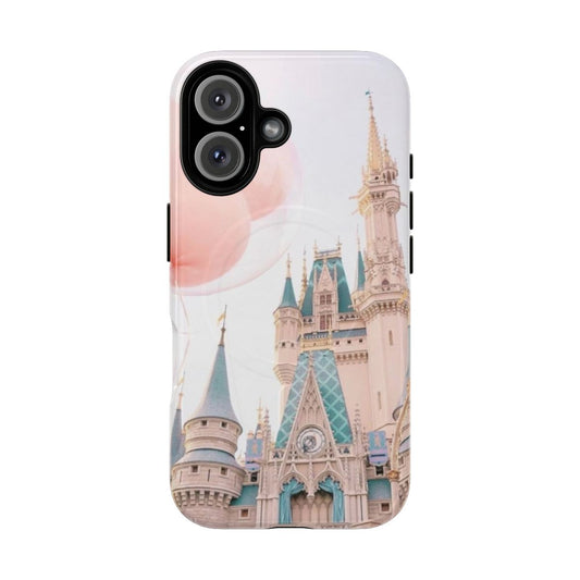 Magically-inspired Disney phone case with a pink castle, balloons, and a magnetic closure