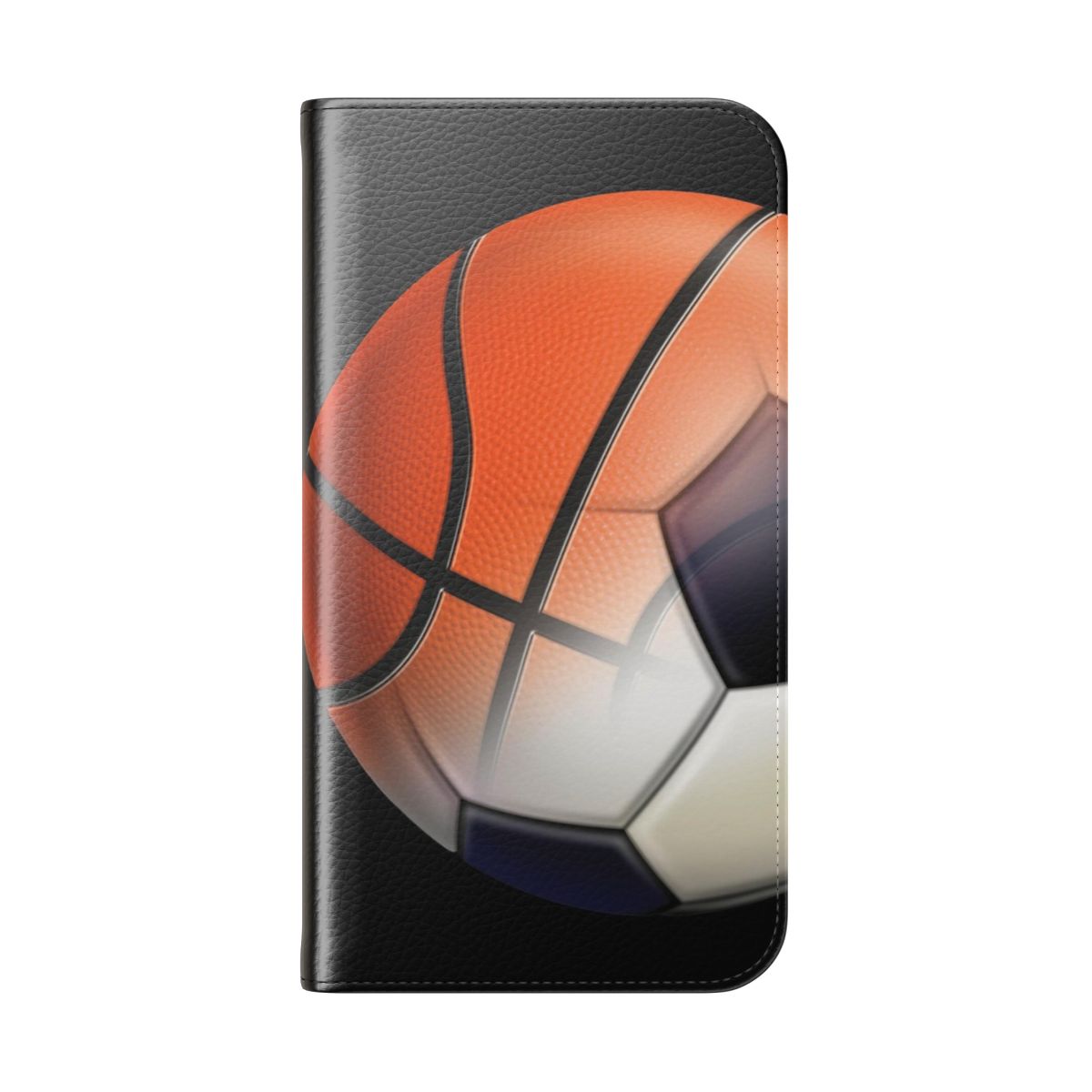 Colorful flip phone case featuring basketball and soccer ball designs - Folded Back