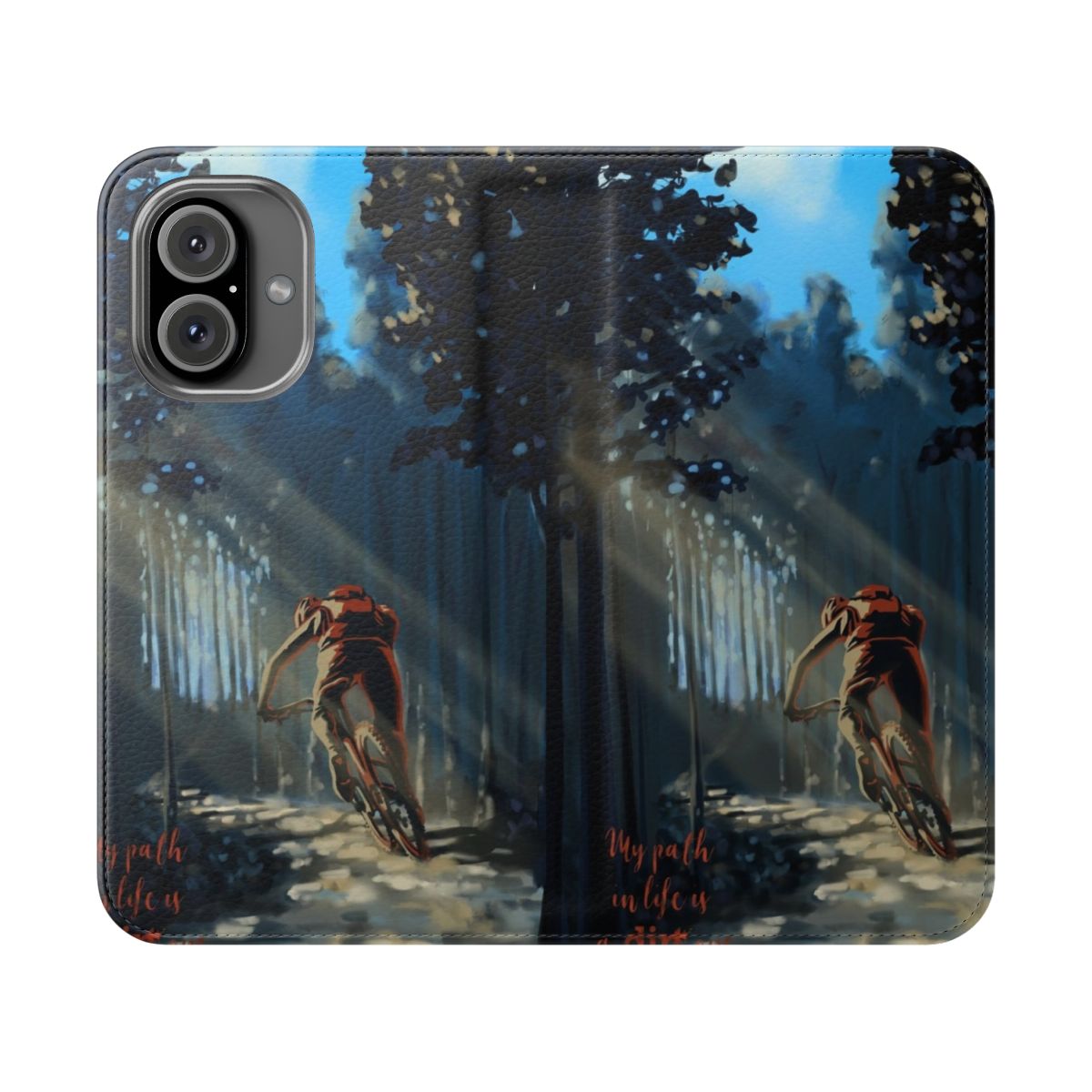 A flip cover phone case featuring a mountain biking landscape in a dirt road setting.