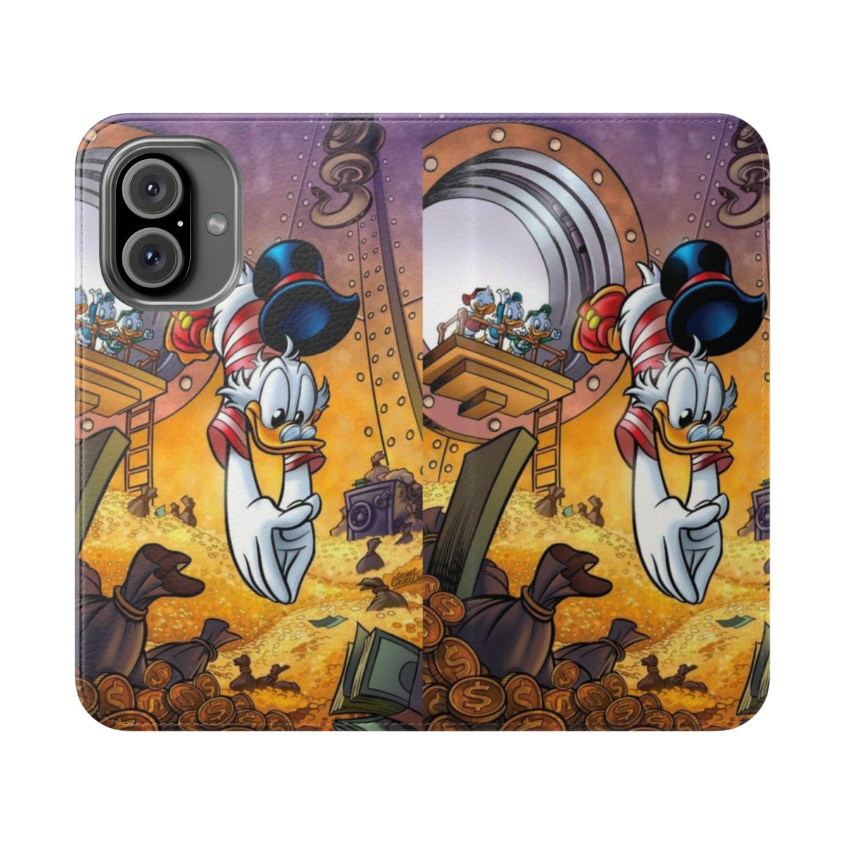 Scrooge McDuck themed flip phone case with cash and money design