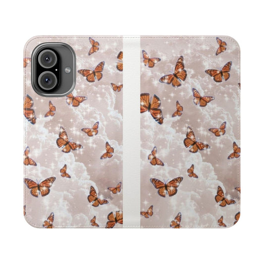 A stylish flip phone case featuring a design of aesthetic butterflies and clouds.